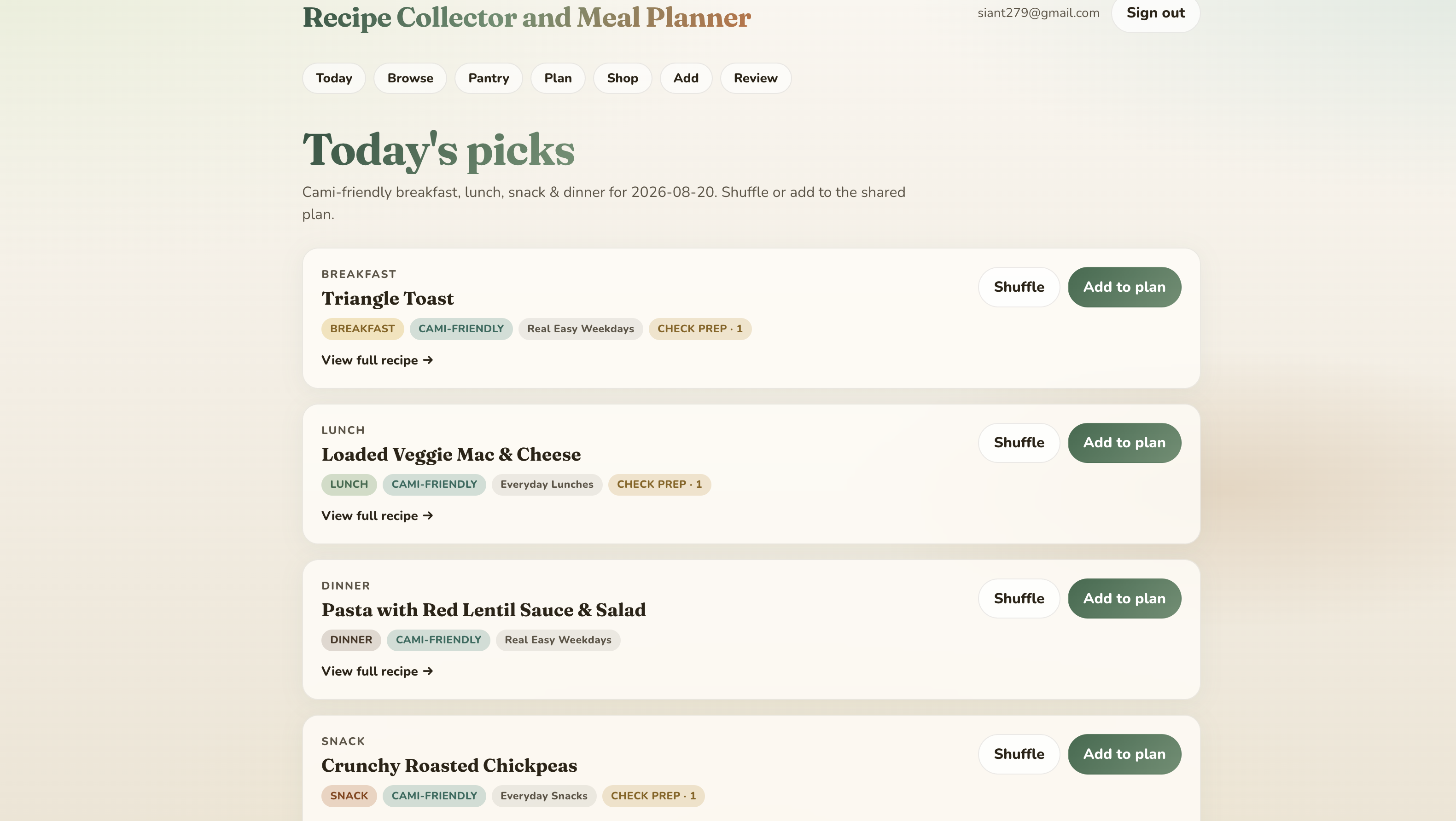 Recipe Collector and Meal Planner showing today's household meal picks